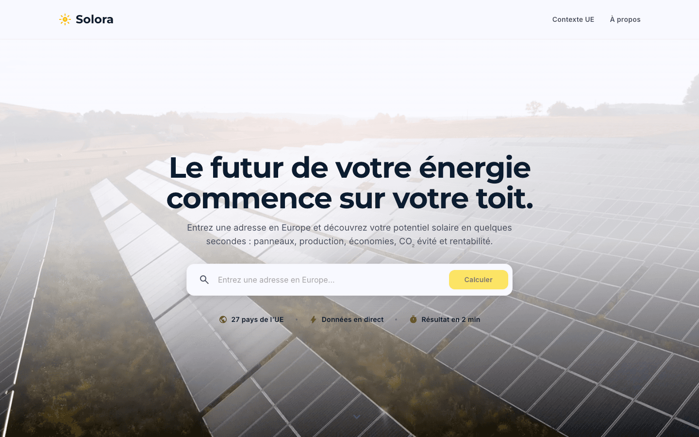 Page d'accueil de Solora : recherche d'adresse pour estimer le potentiel solaire d'un toit en Europe